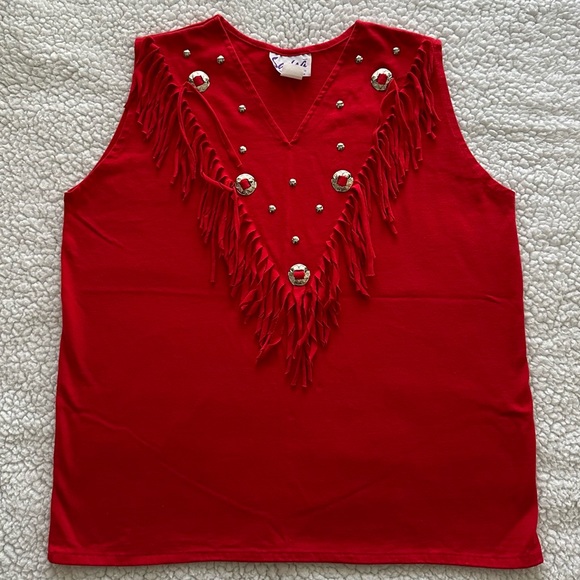 VTG red fringe western sleeveless tank top V tee star conchos silver buttons L - Picture 9 of 9
